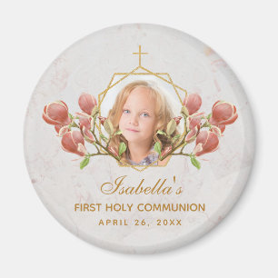 Aimant First Communion Girl Photo Floral Pink Magnolia