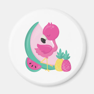 Aimant Flamant rose rose avec pastèque et ananas