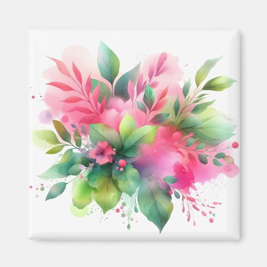 Aimant Fleur botanique aquarelle rose vert (Devant)