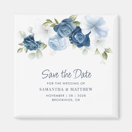 Aimant Fleur botanique poussiéreuse bleu save the date so (Devant)