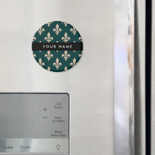 Aimant Fleur de Lis, Beige sur Vert, Royal, Votre Nom