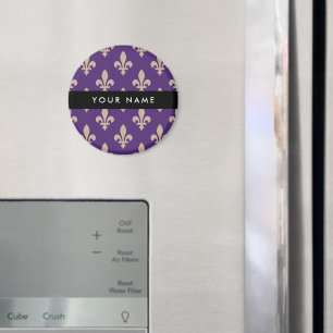 Aimant Fleur de Lis, Beige sur Violet, Royal, Votre Nom
