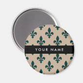 Aimant Fleur de Lis, Vert sur Beige, Royal, Votre Nom (Recto/Verso)