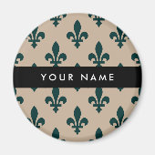 Aimant Fleur de Lis, Vert sur Beige, Royal, Votre Nom (Devant)
