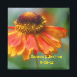 Aimant Fleur de Zinnia Orange Mariage Personnalisé<br><div class="desc">Magnifique photographie de fleur de zinnia orange et jaune par Susan, aimant de réfrigérateur cadeau de mariage. Remplissez vos informations dans le modèle. Faites plus de changements à la taille, au style et à la couleur de la police en cliquant sur Personnaliser. Ce design est disponible sur de nombreux produits...</div>