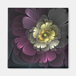 Aimant Fleur fractale grise et pourpre moderne abstraite