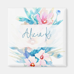 Aimant Fleurs aquarelles personnalisées rose et bleu