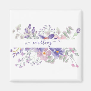 Aimant Fleurs aquarelles personnalisées rose et violet