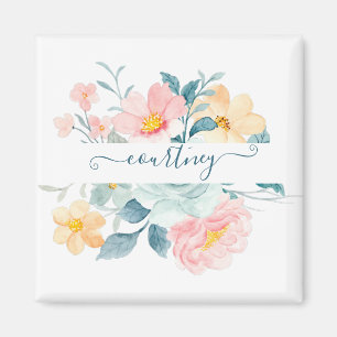 Aimant Fleurs aquarelles rose et orange personnalisées