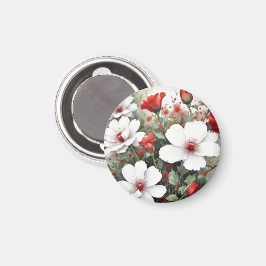 Aimant Fleurs blanches et rouges Élégante aquarelle (Recto/Verso)