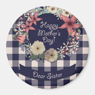 Aimant Fleurs bleu marine et corail   Pour Soeur