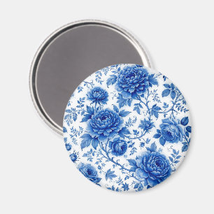 Aimant Fleurs bleues délavées Roses Pivoines Bleu de coba
