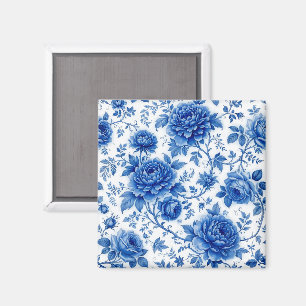 Aimant Fleurs bleues délavées Roses Pivoines Bleu de coba