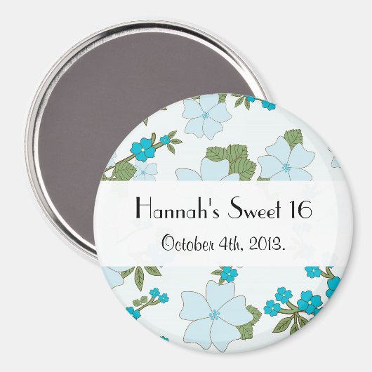 Aimant Fleurs Bleues, Motif De Fleurs, Douce 16 (Recto/Verso)
