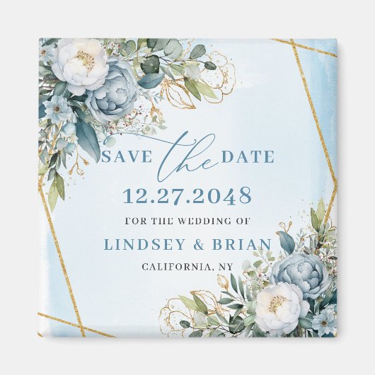 Aimant Fleurs Bleues Romantiques Eucalyptus Save The Date (Devant)