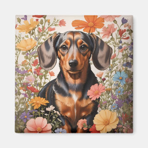Aimant Fleurs Brown De Dachshund Et Cosmos
