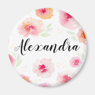 Aimant Fleurs d'aquarelles Personnalisées Filles Nom Mag