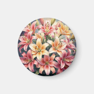 Aimant Fleurs de lys vibrantes rose orange blanc aquarell