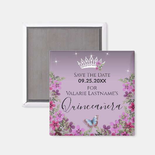 Aimant Fleurs et papillon Quinceanera Enregistrer la date (Recto/Verso)