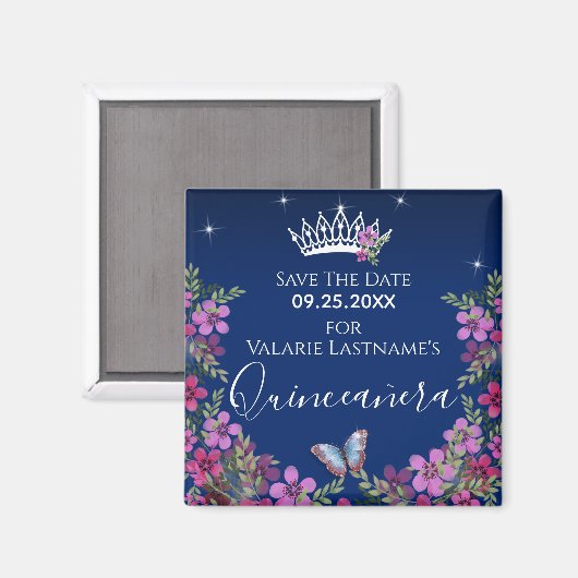 Aimant Fleurs et papillon Quinceanera Enregistrer la date (Recto/Verso)