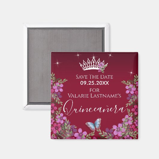 Aimant Fleurs et papillon Quinceanera Enregistrer la date (Recto/Verso)