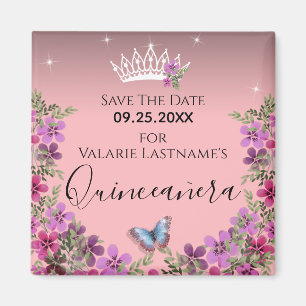 Aimant Fleurs et papillon Quinceanera Enregistrer la date