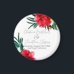 Aimant Fleurs hawaïennes tropicales sur un Mariage blanc<br><div class="desc">Cet aimant à saké personnalisé est décoré sur le thème d'une plage tropicale ou d'un mariage d'île. L'arrière - plan est un blanc simple et élégant,  avec des fleurs hawaïennes colorées et tropicales. Des bouquets floraux avec feuilles de palmiers,  hibiscus et frangipaniers accentuent les frontières.</div>