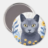 Aimant Fleurs Jaunes Chat Bleu Russe (Recto/Verso)