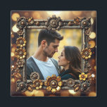 Aimant Fleurs métalliques Steampunk Photo personnalisée<br><div class="desc">Aimant photo à thème Steampunk. Des engrenages en métal or vapeur,  des fleurs et un arrière - plan en bokeh or. Téléchargez votre photo préférée dans la zone de personnalisation.</div>