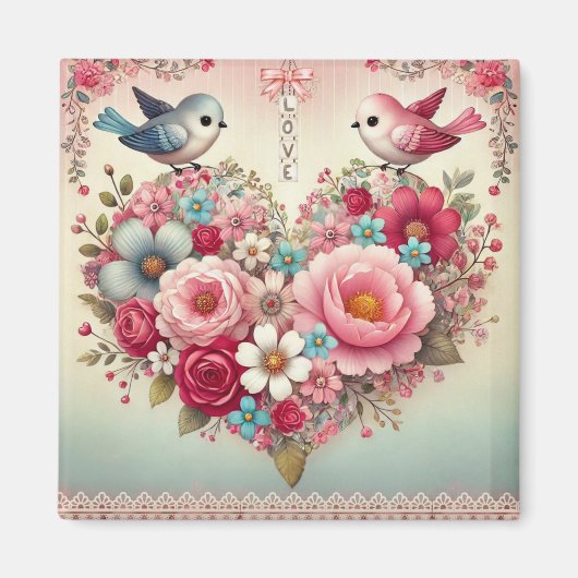 Aimant Fleurs/oiseaux/coeur vintages Saint-Valentin (Devant)