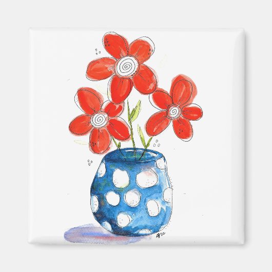 Aimant Fleurs orangées Whimsical dans Vase Bleu (Devant)