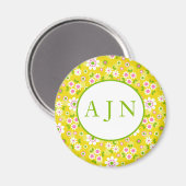 Aimant Fleurs Rétro Mod Jaune & Monogramme Blanc (Recto/Verso)