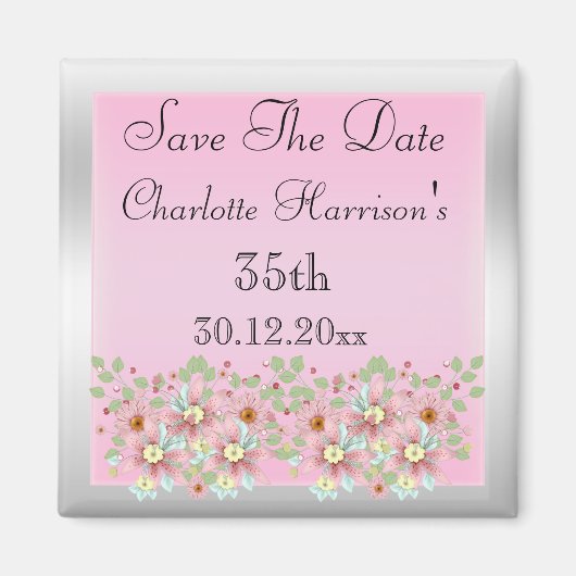 Aimant Fleurs Rose & Argent Save The Date 35ème (Devant)