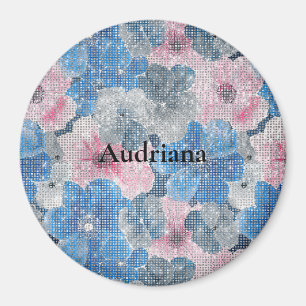 Aimant Fleurs roses bleues scintillent