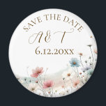 Aimant Fleurs sauvages d'aquarelle mariage Enregistrer la<br><div class="desc">Un joli mariage à thème fleur sauvage rose et bleu poussiéreux sauvez l'aimant de rappel de date avec un élégant fantaisie avec les initiales de mariée et mariée et la date mariage.</div>