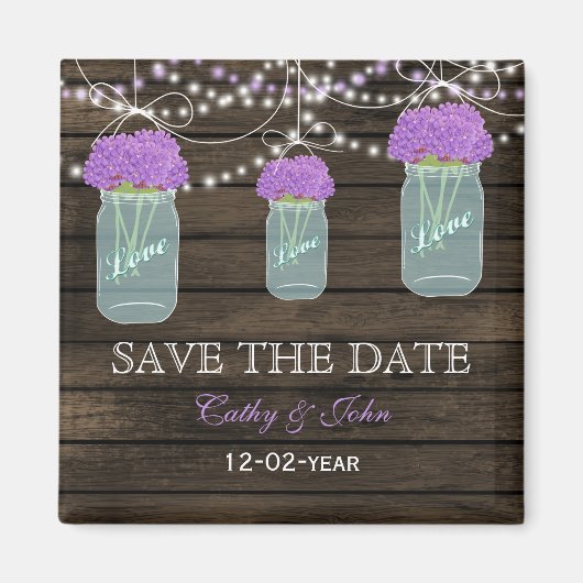 Aimant Fleurs violettes Mason Jars Grange Mariage en bois (Devant)