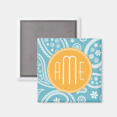 Aimant Floral Aqua Blue Paisley Motif & Monogramme jaune (Recto/Verso)