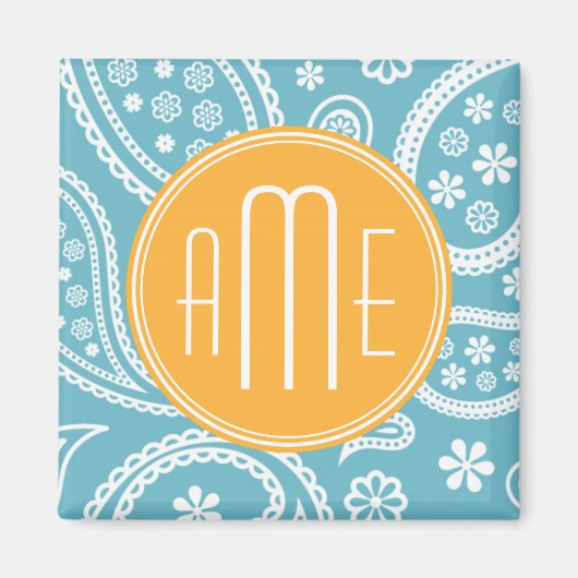 Aimant Floral Aqua Blue Paisley Motif & Monogramme jaune (Devant)