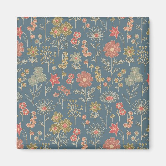 Aimant Floral moderne Denim Blue & Coral (Devant)