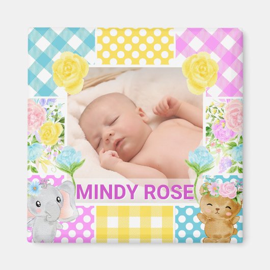 Aimant Floral & Plaid Photo Frame Newborn Baby (Devant)
