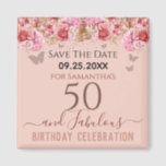 Aimant Floral rose 50e anniversaire Enregistrer la date<br><div class="desc">Parties scintillant fille,  arrière - plan rose millénaire,  avec une typographie de nom de script sophistiquée. Joyeux 50 et fabuleux modèle design d'anniversaire. Roses roses et papillon au-dessus de la frontière. Idéal pour les célébrations du 50ème. Enregistrez le rappel de célébration de la date.</div>