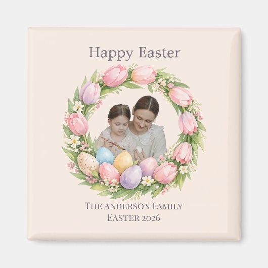 Aimant Floral Wreath & Family Photo Personalized Easter  (Devant)