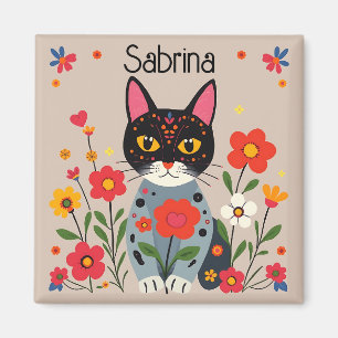 Aimant Folk Art Chat noir et Fleurs Personnalisé