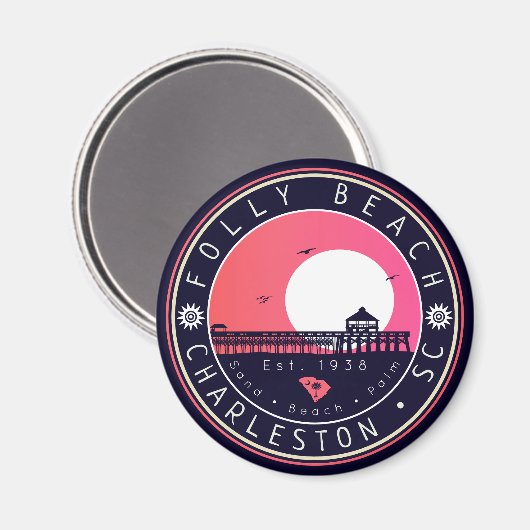 Aimant Folly Beach SC Souvenirs Retro Sunset Pier 60s (Recto/Verso)