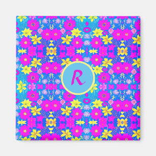 Aimant Fond à motif de fleurs rose bleu jaune ajouter nom