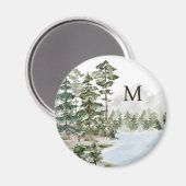 Aimant Forêt de pins verts et lac monogrammés (Recto/Verso)