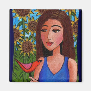 Aimant Forêt de tournesol, Madame et oiseau rouge -