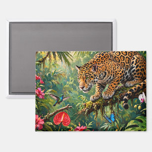 Aimant Forêt tropicale Jaguar Colibris Papillons Fleurs