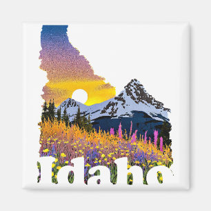 Aimant Forme de l'Idaho avec montagne et fleurs sauvages
