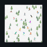 Aimant Freeride Snowboarder Illustration de snowboard<br><div class="desc">Illustration fantaisiste cool de snowboarders colorés,  snowboard downhill dans les montagnes parmi les pins,  l'épinette,  sapins sur la poudre de neige fraîche. Le snowboard et le sport de plein air xmas dans une forêt d'hiver. Cadeaux de snowboard. Décor de Noël de snowboard.</div>